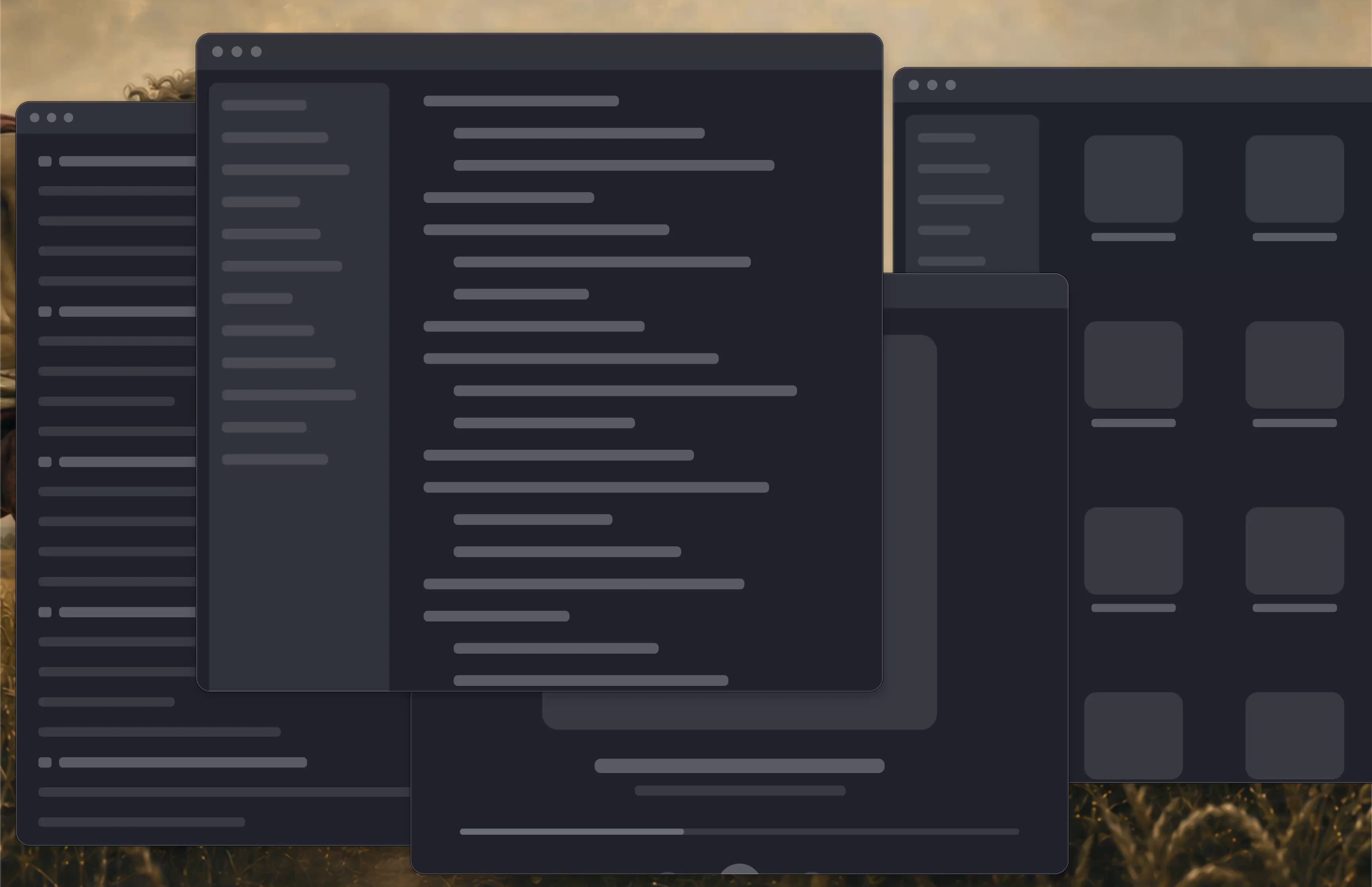 Twelve native demo windows overlap across the desktop before Godkey organizes them.