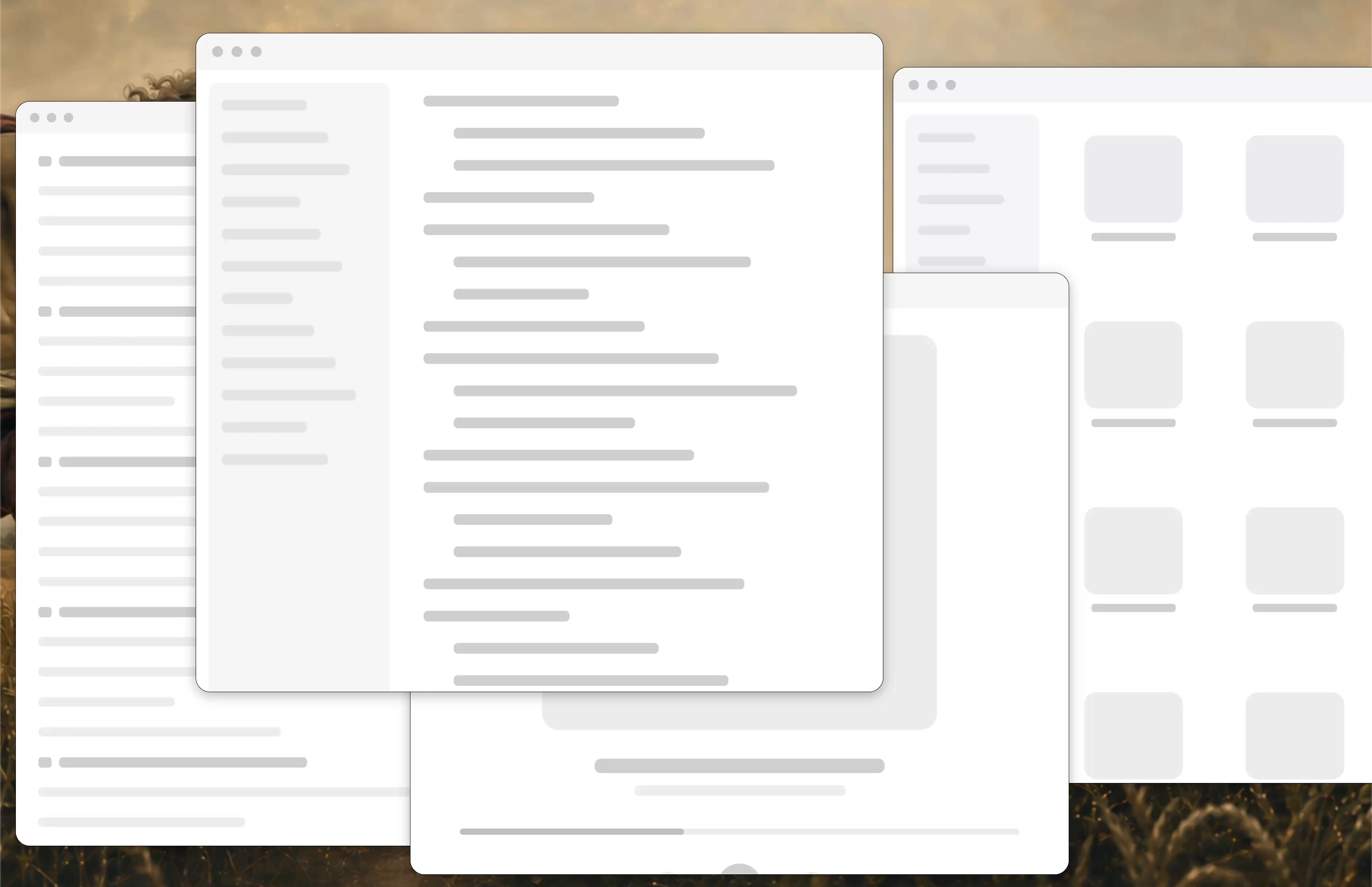 Twelve native demo windows overlap across the desktop before Godkey organizes them.