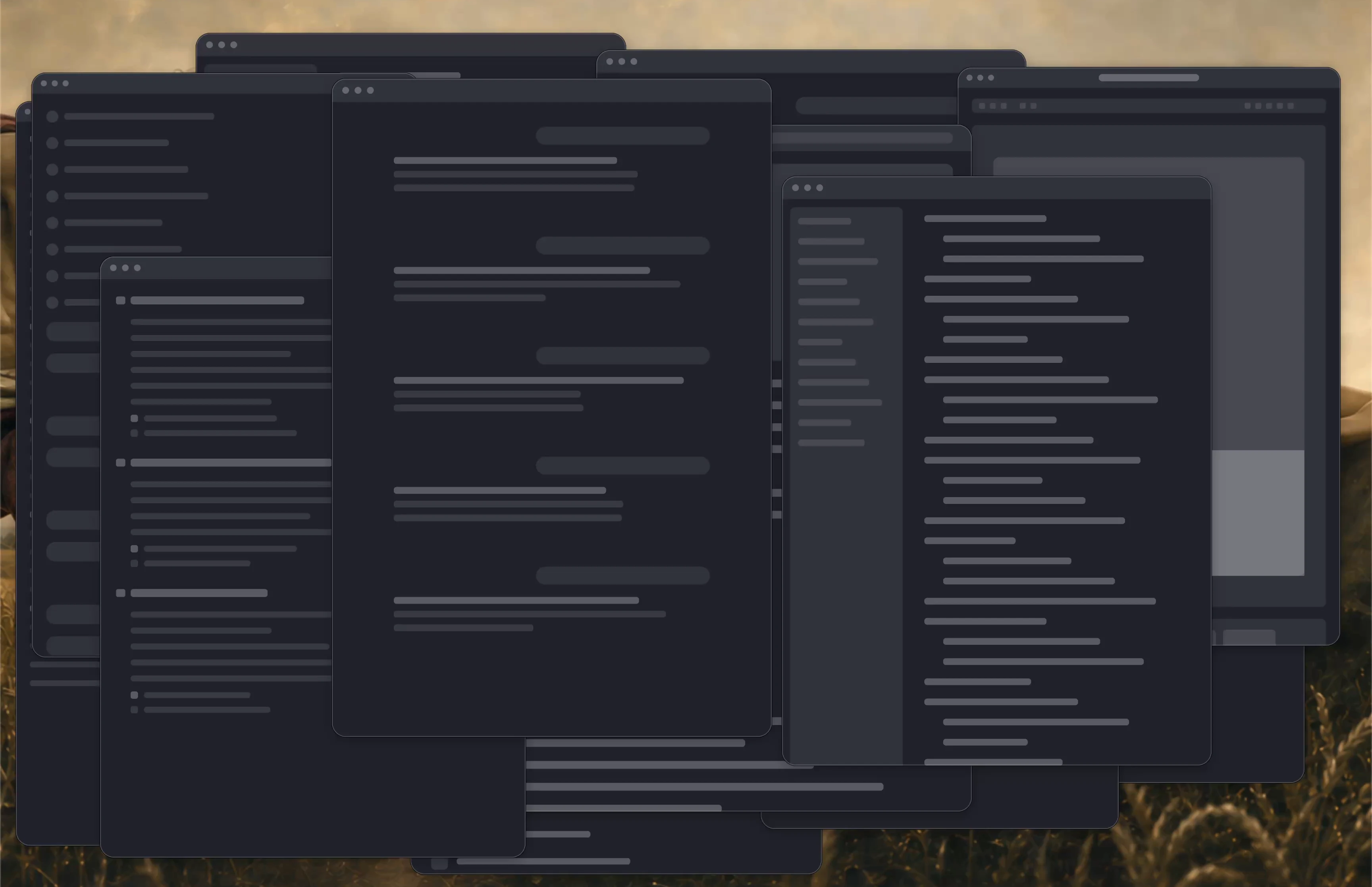 Twelve native demo windows overlap across the desktop before Godkey organizes them.