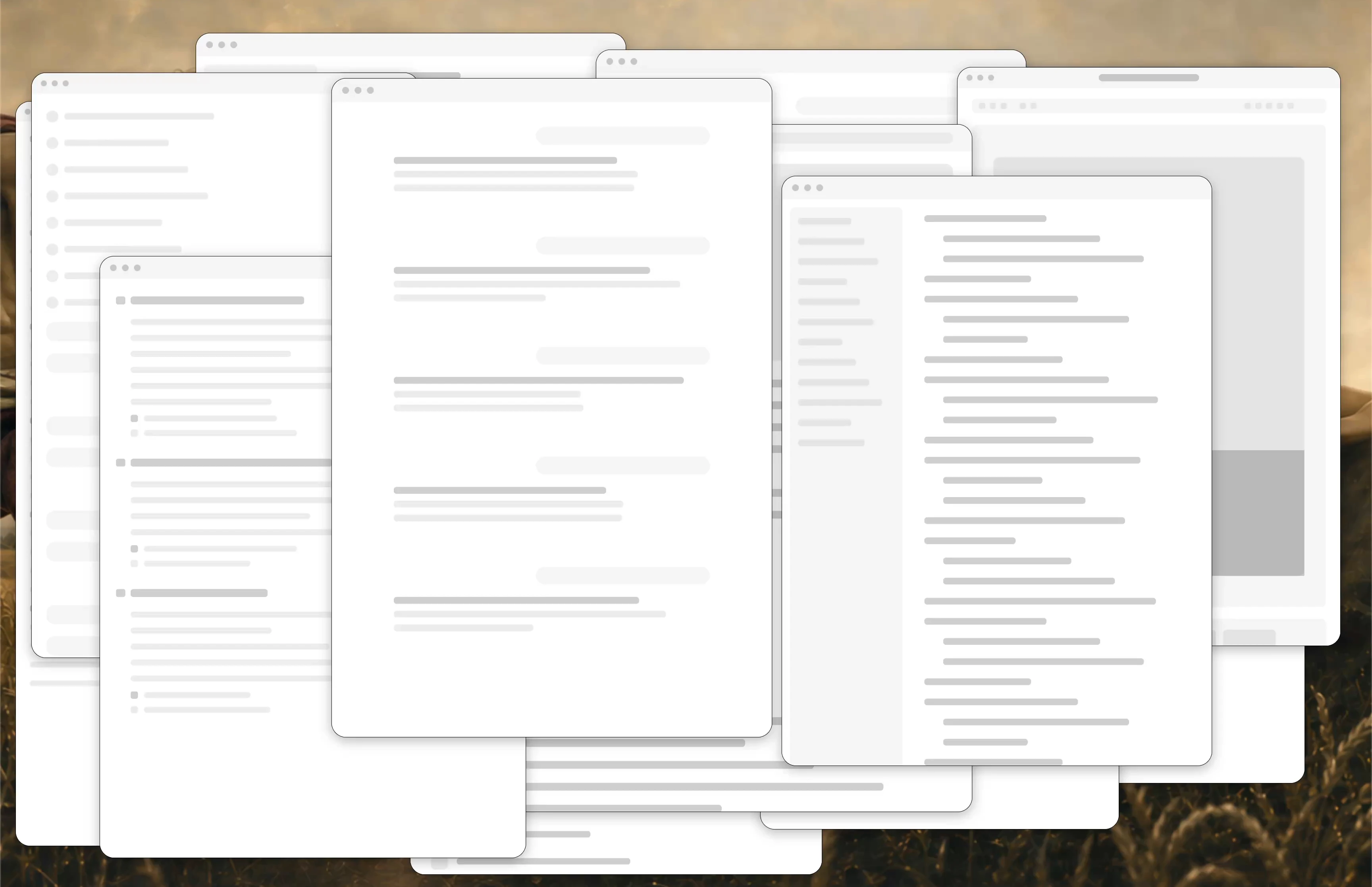 Twelve native demo windows overlap across the desktop before Godkey organizes them.